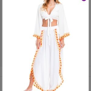 Bran New La Moda White Twist- Front Tassel- Trim Crop Top and Palazzo pants Set